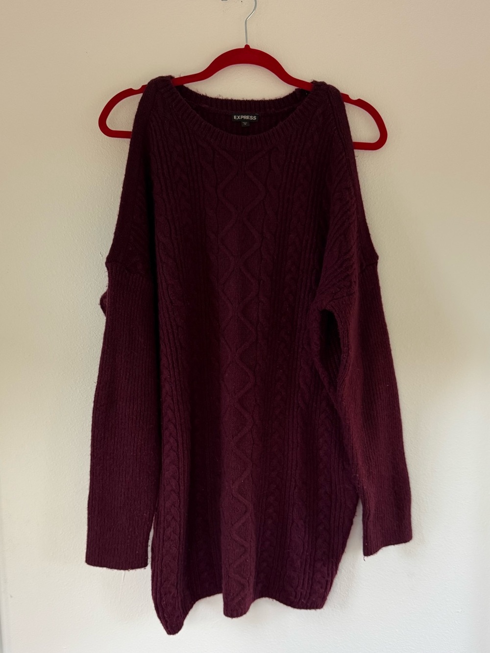 Express Open Shoulder Cable Knit Sweater in Burgundy